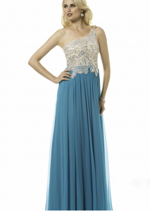 One Shoulder Jewel Beading Bodice Chiffon Evening Dress
